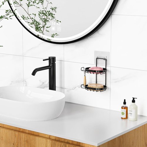 MASADI 2-Tier Soap Dish Holder - 304 Stainless Steel Shower Caddy with Hooks & Razor Holder (Black)