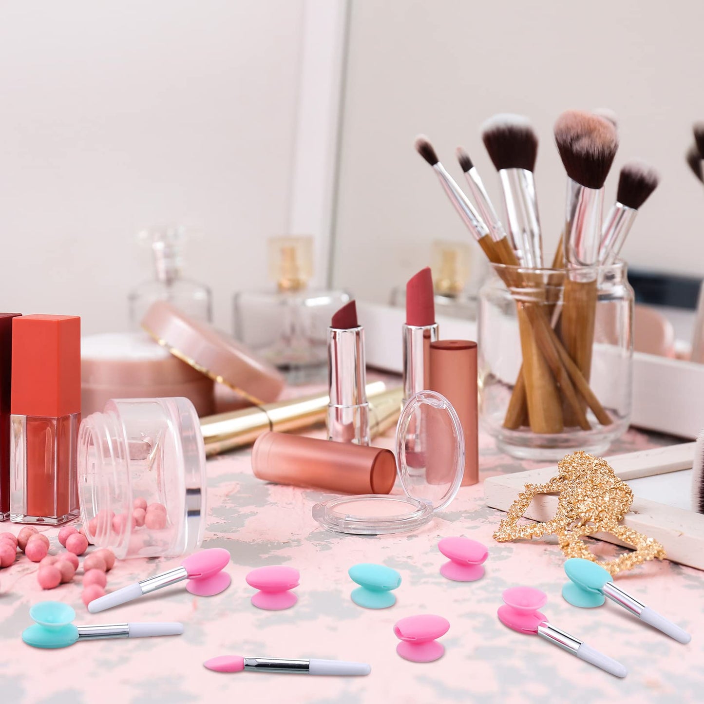 Newtay 20 Pcs Silicone Lip Brush Covers and Brushes for Lip Sticks, Gloss, Balm and Other Cream Makeup Products(Pink, Green)