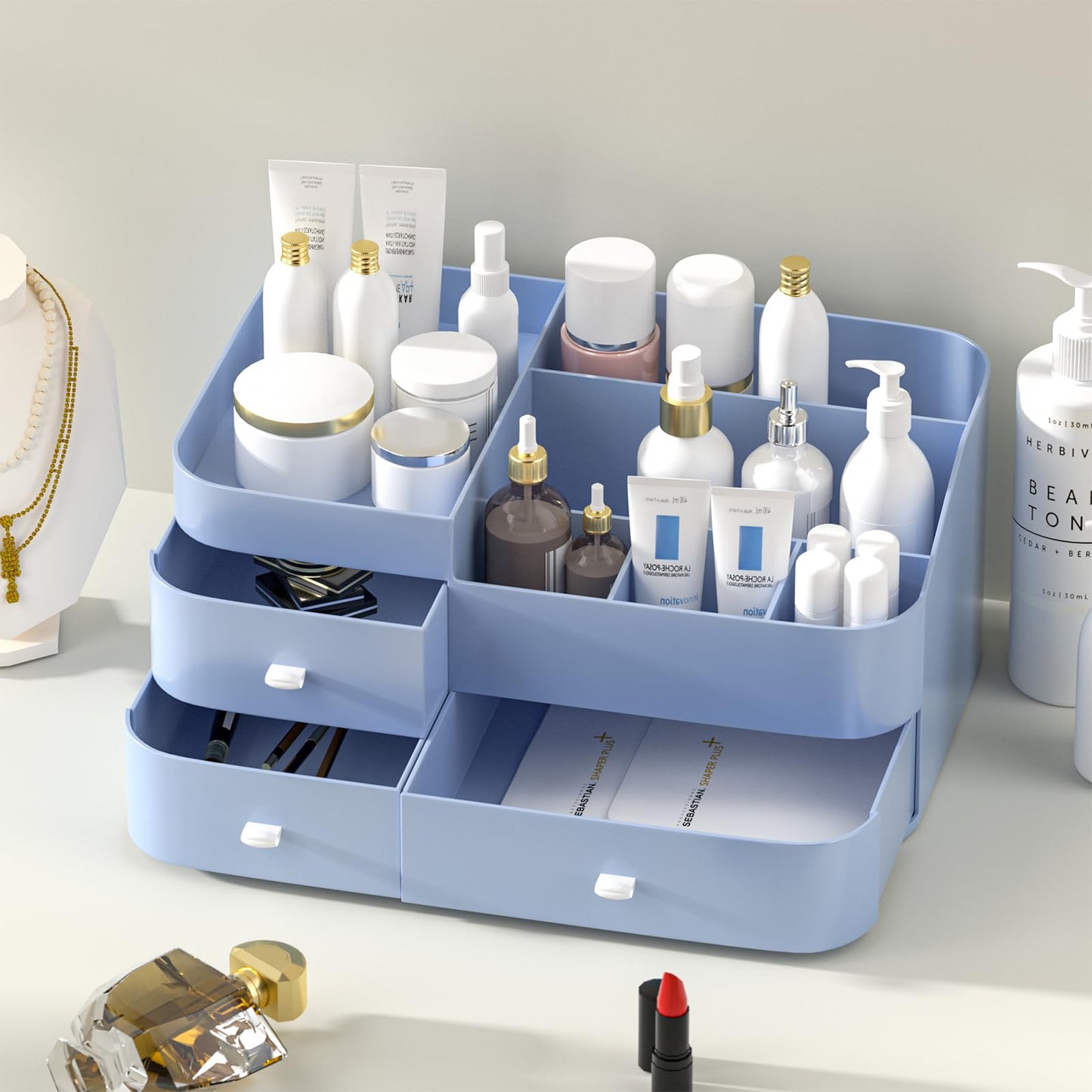MIUOPUR Makeup Organizer for Vanity, Large Capacity Desk Organizer with Drawers for Cosmetics, Lipsticks, Jewelry, Nail Care, Skincare, Ideal for Bedroom and Bathroom Countertops - Large Blue