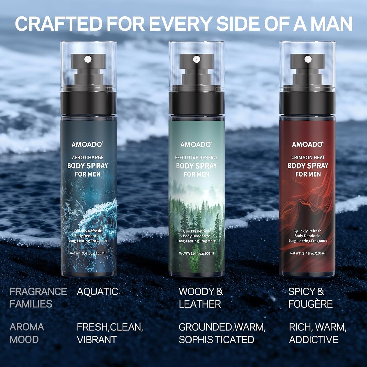 Skiennix Men’s Body Spray Set - Refreshing Aluminum-Free Deodorizing Mist | Oriental & Woody Scents, 3.4 fl oz Each