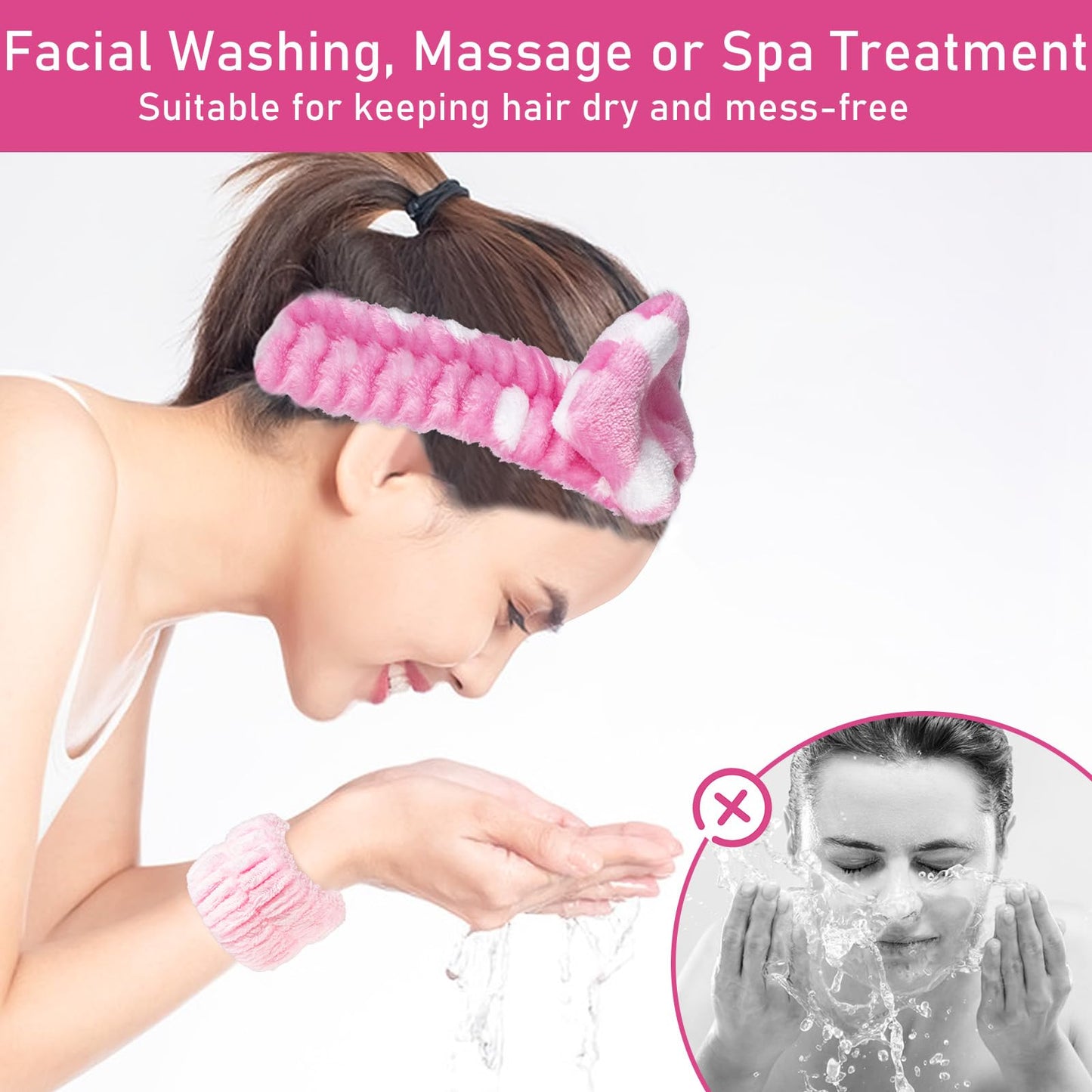 Beomeen Facial Cleansing Brush 2 in 1, Silicone Face Scrubber Dual Face Brush for Deep Pore Cleansing and Exfoliating, Skincare Headband and Wristbands Set for Washing Face, Massaging Spa Makeup, Pink