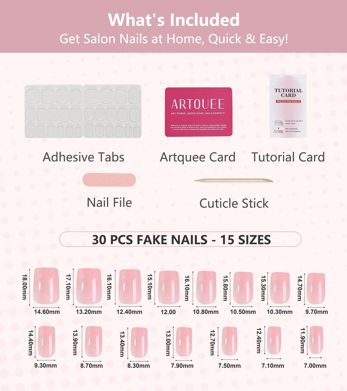 Artquee Press on Nails Short Soft Nude Square False Tips Glossy Reusable Fake Stick on Nails Kit for Women - 30 PCS 15 Sizes