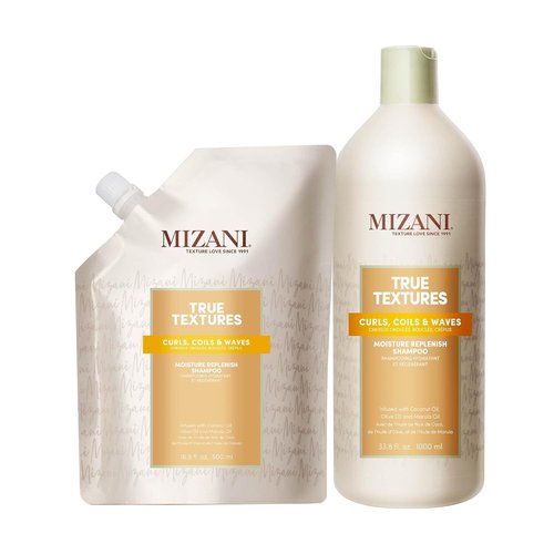 Mizani True Textures Moisture Replenish Shampoo - Smooths & Hydrates Curly Hair | 33.8 Fl Oz + 16.9 Fl Oz Refill