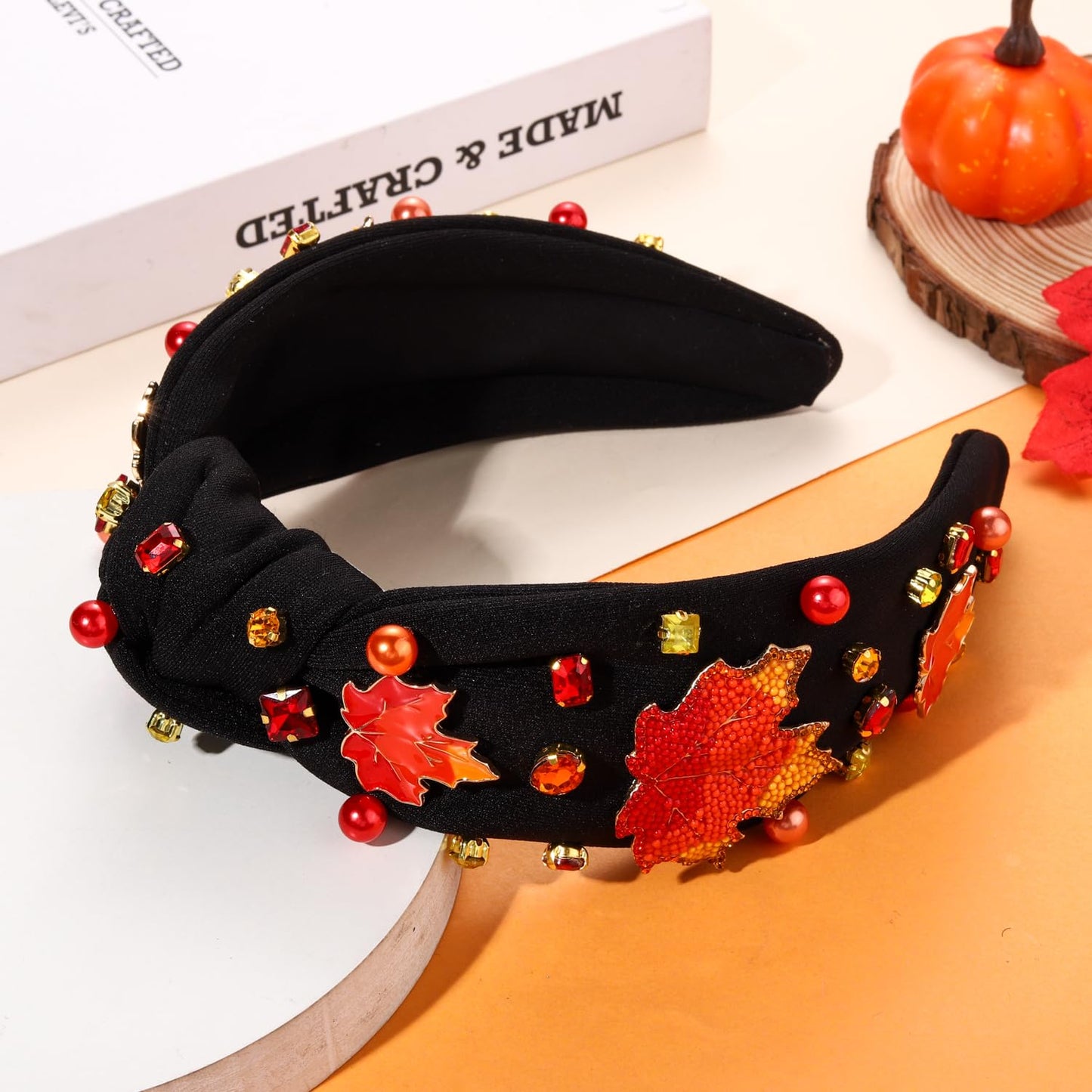 ARATLENCH Thanksgiving Headband Accessories Fall THANKS Knotted Headband Pearl Rhinestone Wide Headband Hair Accessories