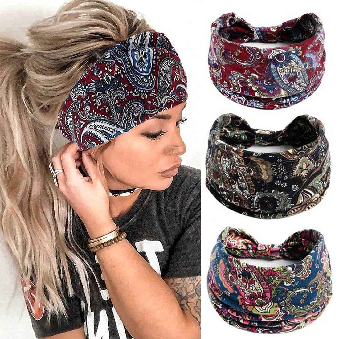 Tayel 3 Pieces Boho Wide Turban Flower Print Headbands Red Knot Elastics Yoga Workout Head Wraps for Women and Girls (Floral 9)