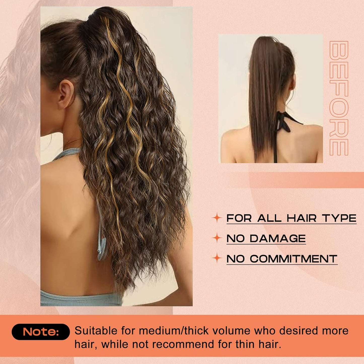 SEIKEA 14" Ponytail Extension Claw, PT002 Tia Long Multi Layered Fluffy Thick Wavy Curly Clip in Hair Extensions Ponytail Natural Soft Synthetic Hairpiece Dark Chestnut Brown with Golden Highlights