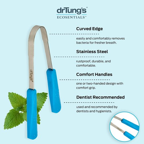 DrTung's Stainless Steel Tongue Scraper - Effective Breath Freshener with Comfort Grip Handle | Travel Case Included