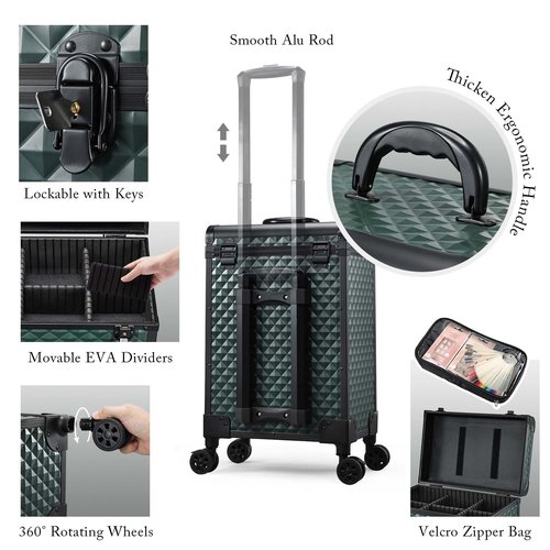 Adazzo Professional Rolling Makeup Train Case with Drawers, Makeup Case on Wheels, Nail Tech Rolling Cart Storage Organizer Trolley Make up Case for Travel Makeup/Nail Art/Hair Styling, Dark Green