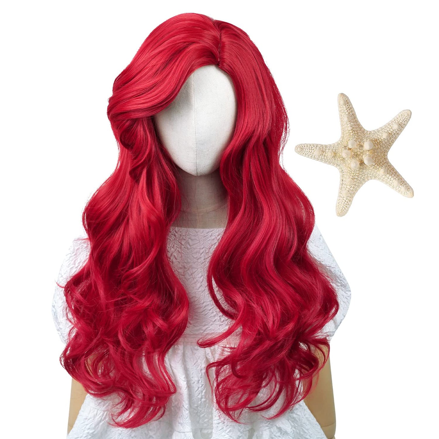 Wiggy Mermaid Wig + Starfish Hairpin for Kids Burgundy Long Curly Wavy Cosplay Wigs with Bangs Halloween Party Costume Heat Resistant Wig + Wig Cap