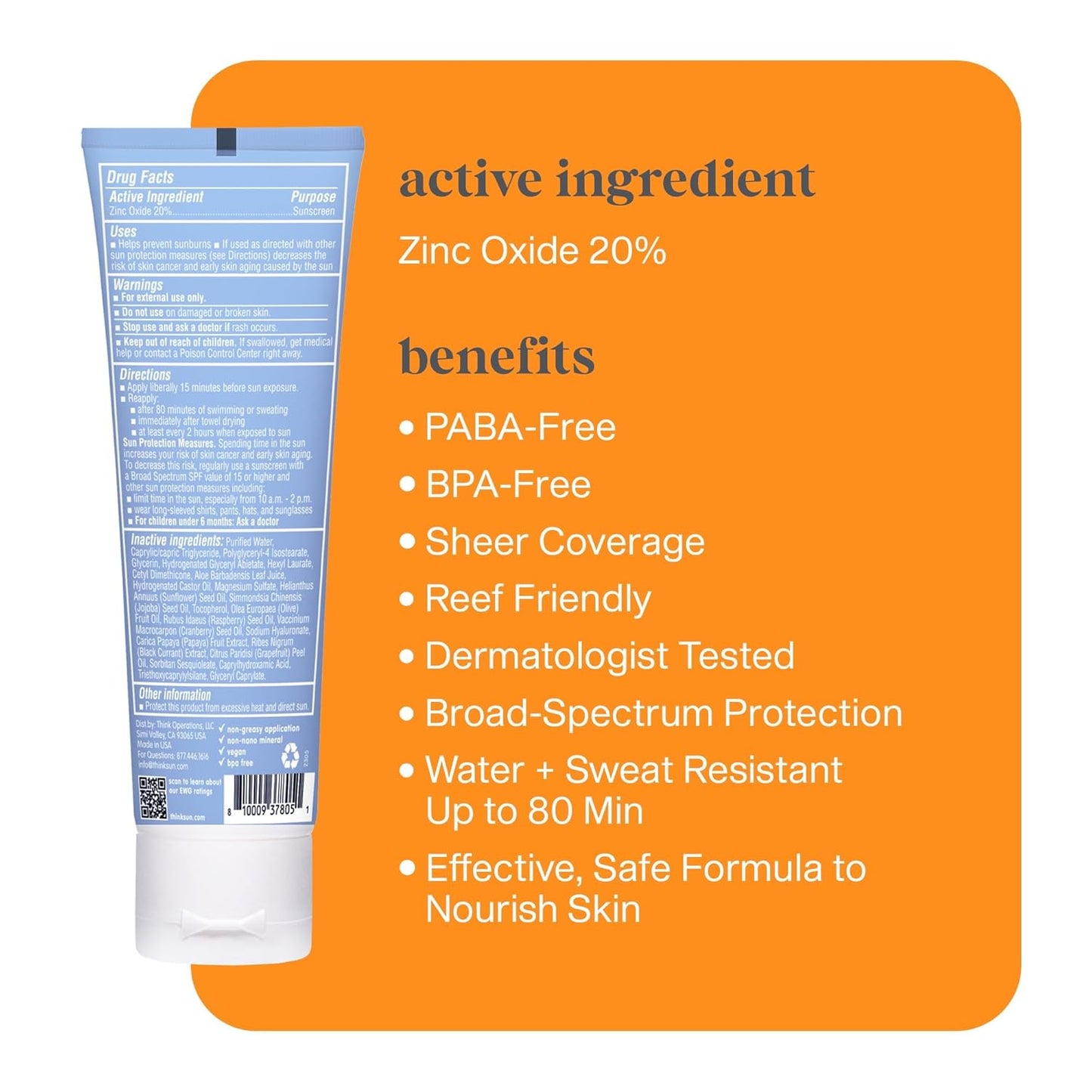Thinksport SPF 30 Sport Sunscreen - Water-Resistant Mineral Lotion, Clear Zinc Oxide, 3oz | Vegan & Reef-Safe UVA/UVB Protection