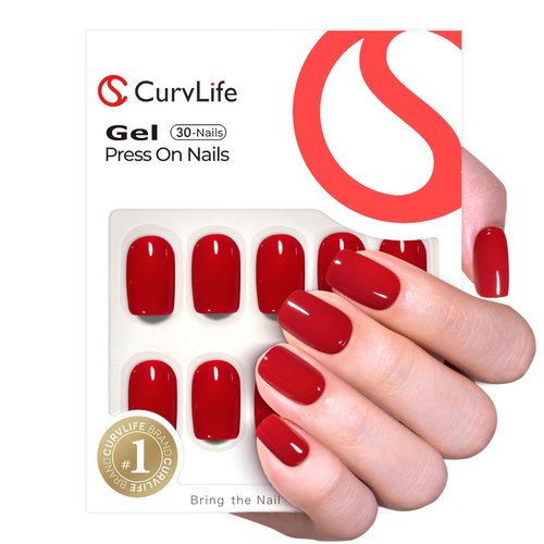 Curvlife Soft Gel Short Press on Nails - Clear Red Oval Fake Nails Solid Glossy Christmas Design Full Cover 15 Sizes Gel Nails, Women Reusable Nail Kit with Nail Glue Adhesive Tabs