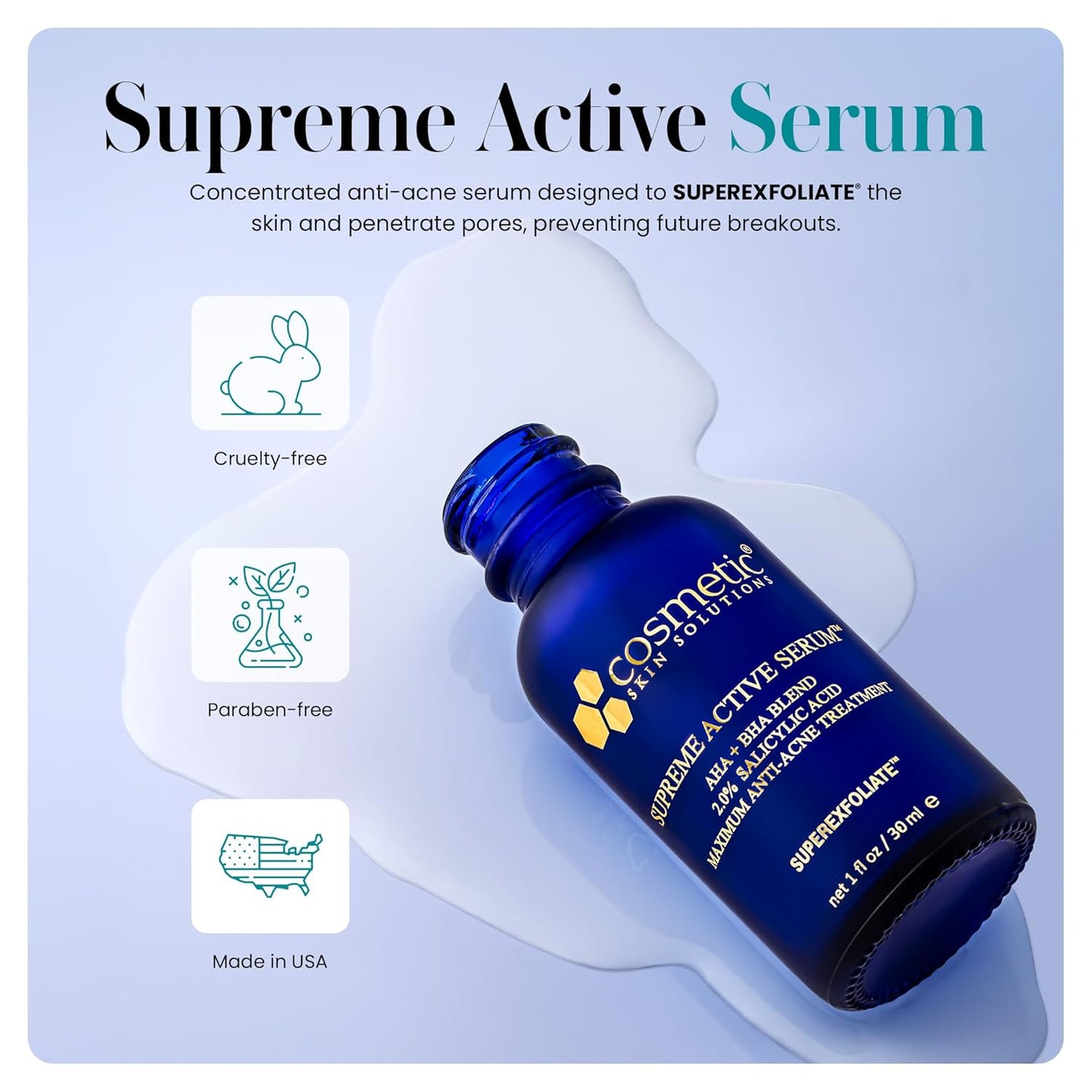 Supreme Active Serum - 2% Salicylic Acid AHA BHA Exfoliating Formula for Clear, Smooth Skin - 1 fl oz