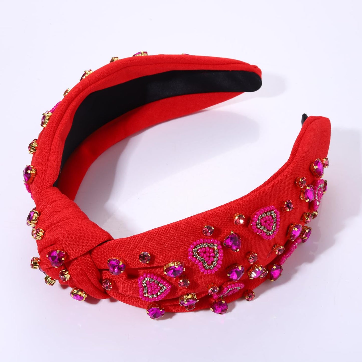 Valentine’s Day Heart Headbands for Women Valentine’s Day Accessories Jeweled Beaded Heart Knotted Headband Pink Red Rhinestone Wide Top Knot Headband Valentine Party Favors Gifts (Heart Headband 2)