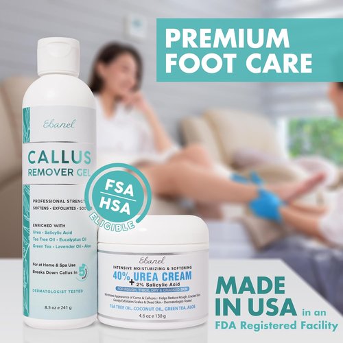 Ebanel Professional Callus Remover Set - Urea Cream 40% & Salicylic Acid 2% for Soft Feet | Exfoliating Gel