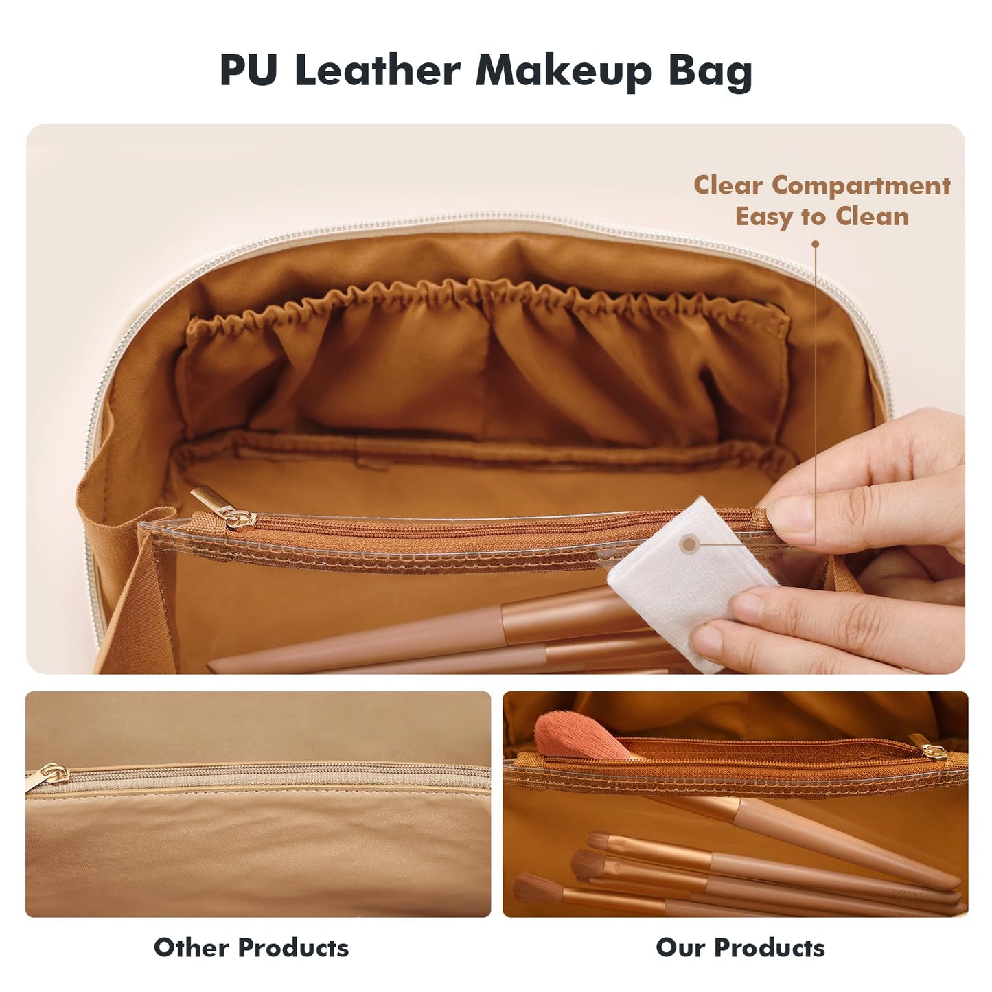 Prite Travel Cosmetic Bag Makeup Organizer Bag For Women Large Capacity Waterproof PU Leather Toiletry Bag with Jacquard Ribbon Handle and Clear Divider(New Brown)