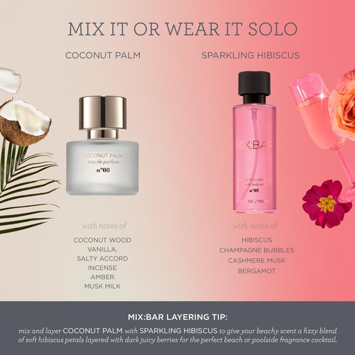 MIX:BAR Perfume for Women - Coconut Palm Fragrance - Eau de Parfum Spray - Notes of Coconut Wood,Vanilla, Salty Accord, Incense, Amber, Musk Milk, 1.7oz