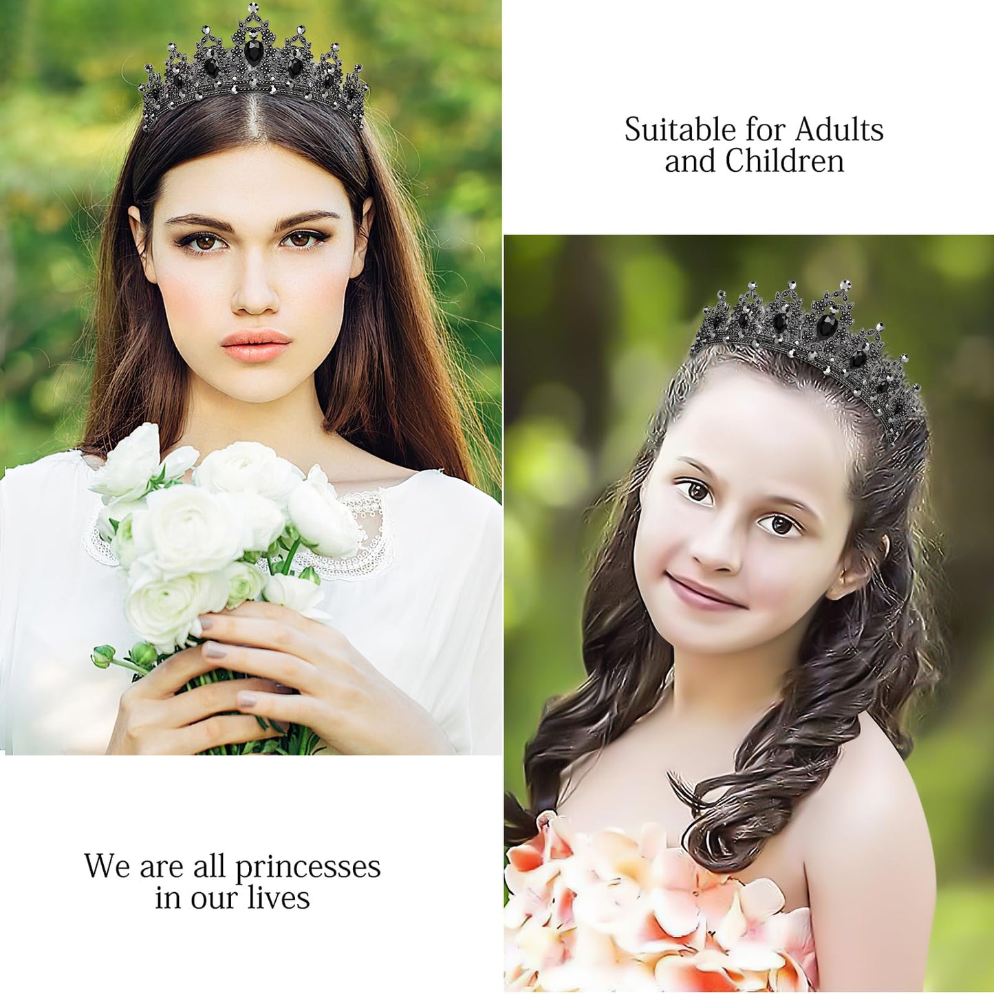 Makone Queen Crown and Tiara Princess Crown with Combs for Women and Girls Black Crystal Headbands for Bridal, Gothic Costumes for Prom Halloween Accessories Wedding Birthday Party(Black)