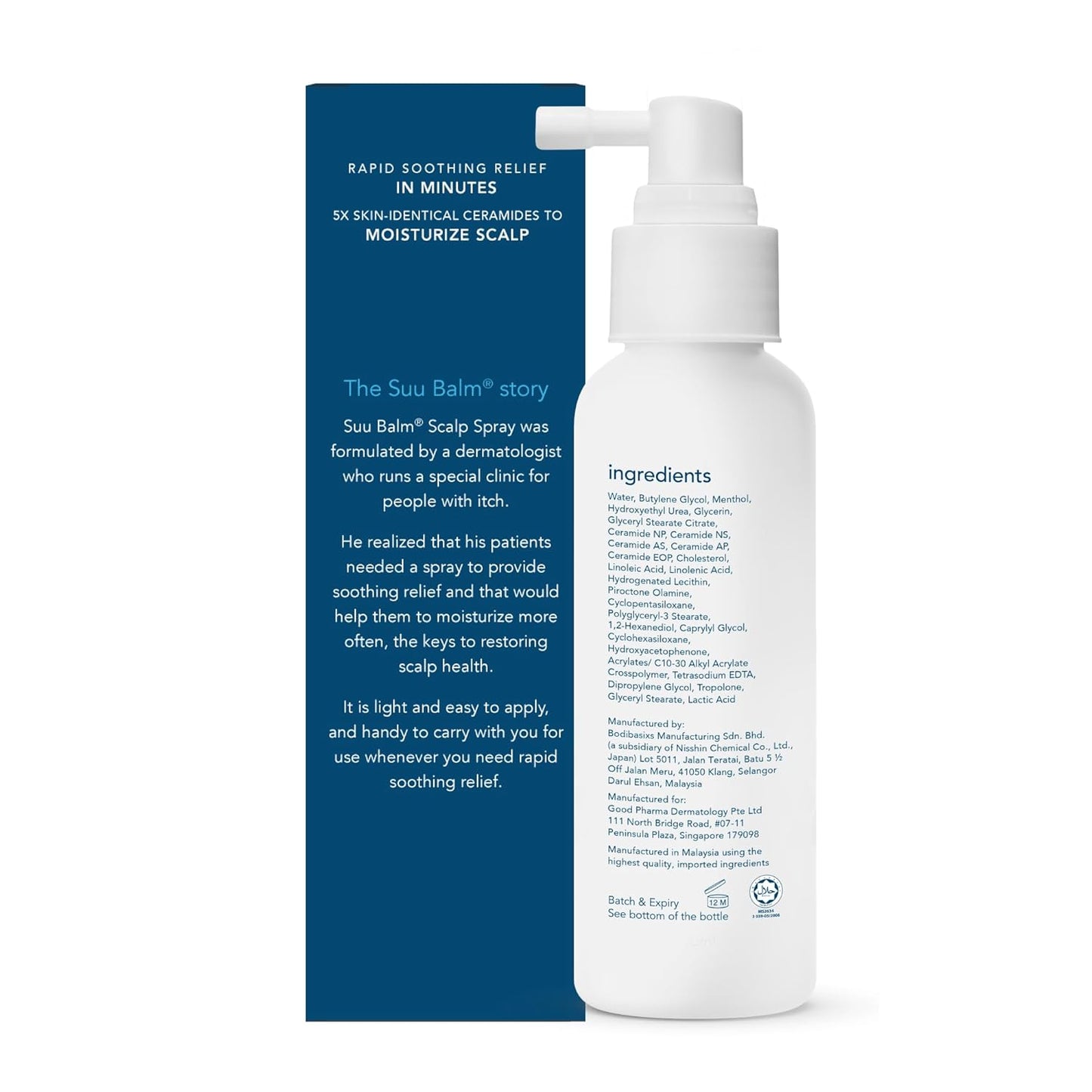 Suu Balm Rapid Itch Relief Anti-Dandruff Scalp Spray Moisturizer, Dry Scalp Spray, Cooling Itchy Scalp Treatment for Flaky Sensitive & Psoriasis, Derm-Formulated. Menthol & 5 Ceramides, 3.38 fl oz
