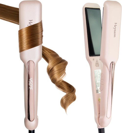Heysam 2-in-1 Flat Iron Hair Straightener & Curler - Portable Dual Voltage, 1.6-Inch, Fast Heating, Pink