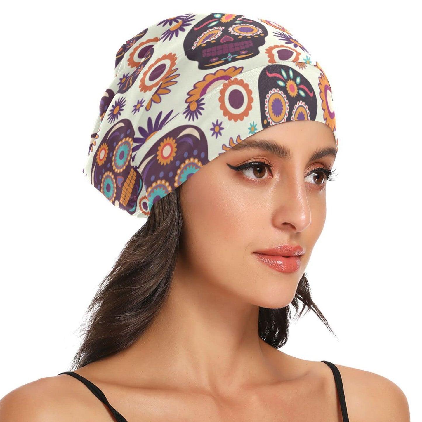 ElliTarr Satin Bonnet Lined Sleep Cap Hair Wrap Cover Slouchy Beanie for Curly Hair Protection for Gifts for Men Women Cute Skull Halloween