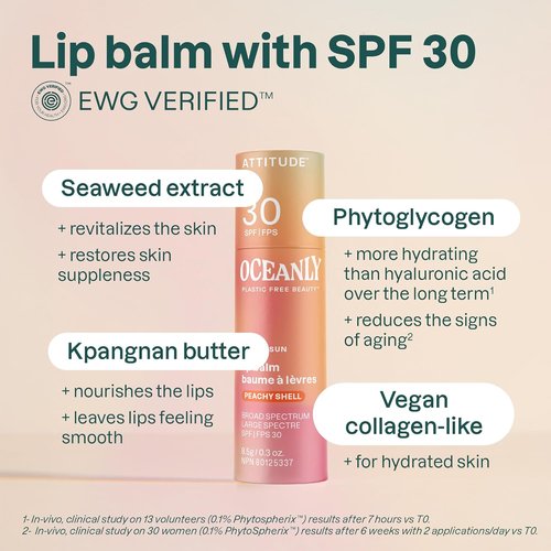 ATTITUDE Oceanly Tinted Lip Balm - SPF 30, EWG Verified, Vegan & Unscented, Peachy Shell, 0.3 Oz