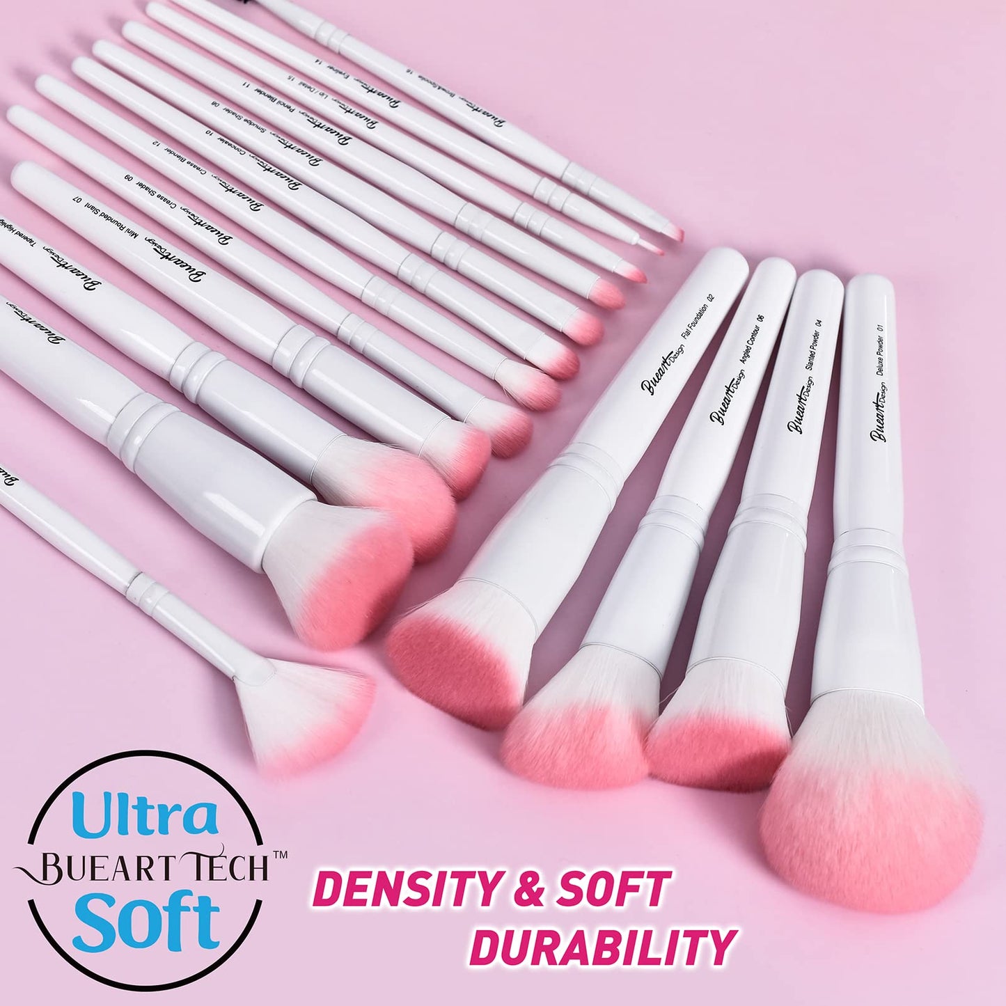 Bueart Design 16Pcs ULTRA SOFT labeled Makeup Brushes set with brush Holder face brush for Foundation Powder Blending Blush wooden Handle(16Pcs White+Pink Holder)