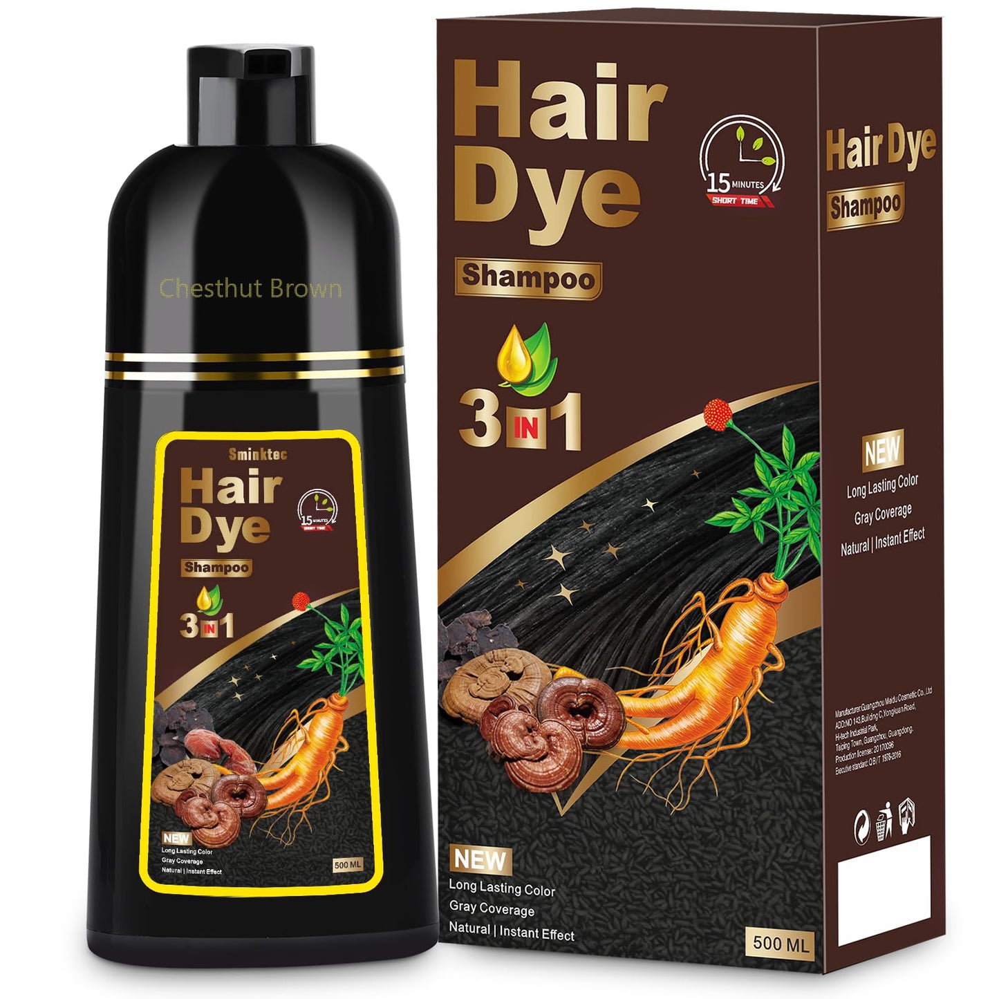 Sminktec Hair Dye Shampoo 3 in 1 for Gray Hair, Herbal Ingredients Natural Shampoo Hair Dye for Women Men (Chestnut Brown)