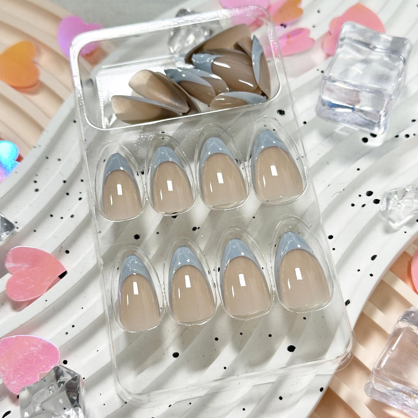 COCDLAN Press on Nails Medium Blue Fake Nails Almond Glossy 3D False Nails Tips Acrylic Glossy Glue on Nails Cute Nail Art Decorations for Women 24Pcs