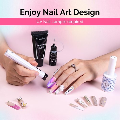 MelodySusie Nail Rhinestone Glue for Nails Super Strong Gel for Nail Charms Gems 3D Nail Gel UV Nail Glue for Nail Art Design Nail Chrome Powder Decals Decor Need UV/LED Cured 60g