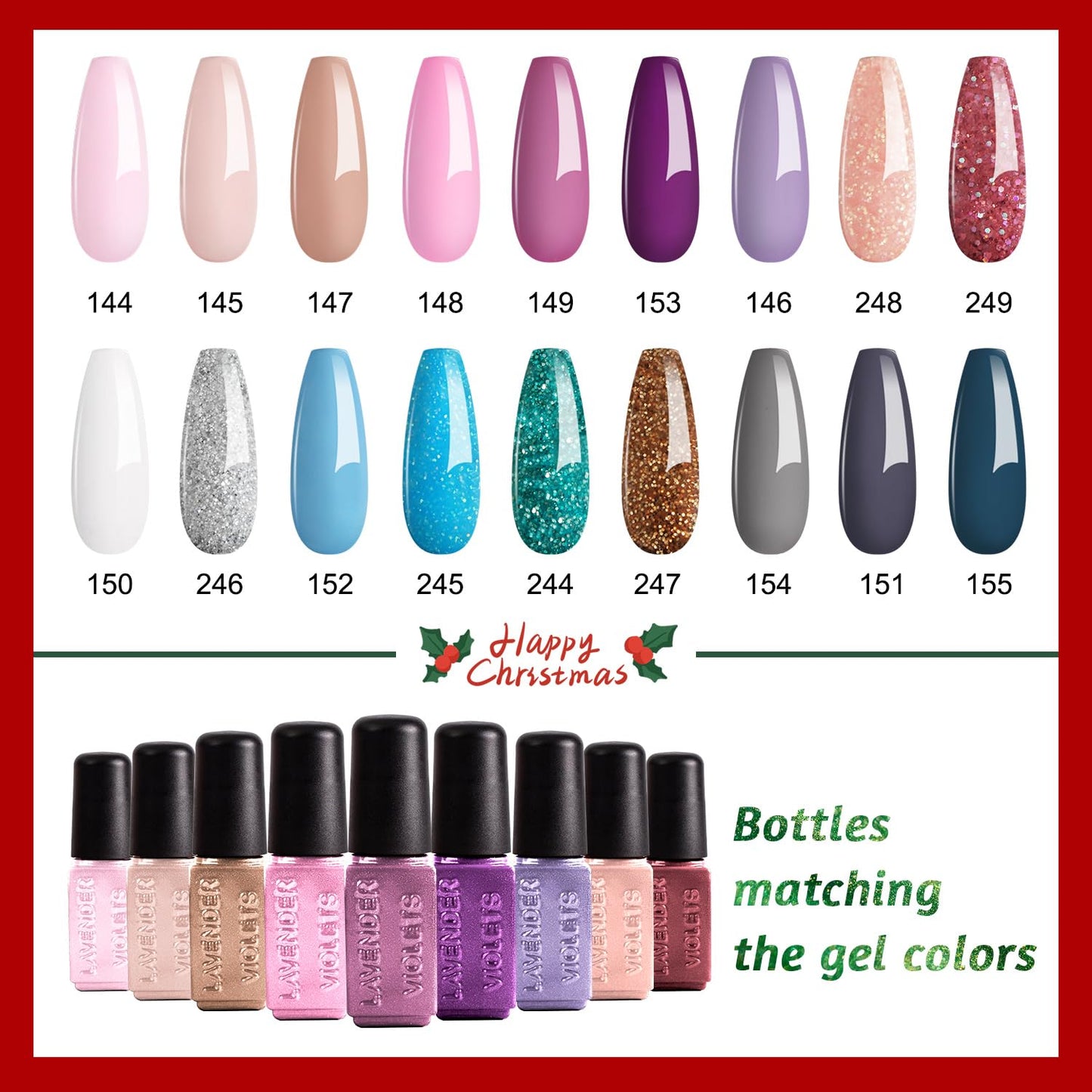 Lavender Violets 49 PCS Gel Nail Polish Set,45 Colors Summer Neon Glow in the Dark Effect with Nail Primer,Builder Base Coat,Glossy,Matte Top Coat Red Jelly Nude Glitter New Year Gifts for Women A950