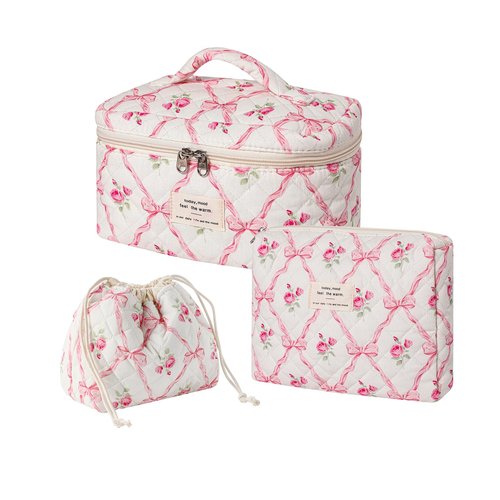 3pcs Large Cotton Quilted Makeup Bag Set,Coquette Aesthetic Cute Travel Toiletry Bag,Drawstring Gift Bag for Women and Girls(3Pcs Pink Bow)