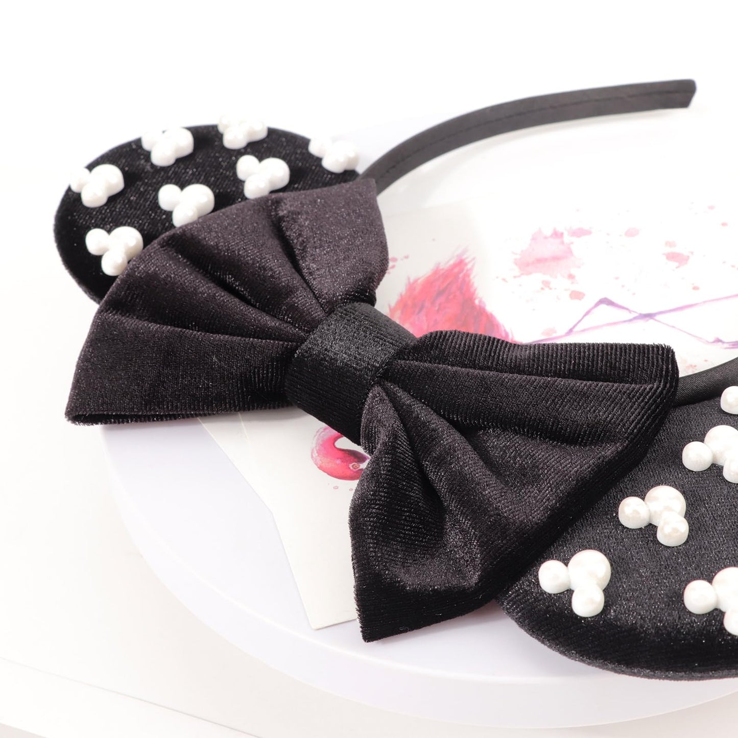 DRESHOW Mouse Ears Headbands for Women Girls Pearl Hairbands Bow Head bands Velvet Head band Christmas Cosplay Costume Princess Party Decorations Halloween & Disney Trip