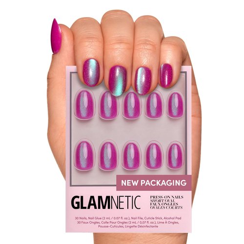 Glamnetic Press On Nails - Berry Fizz | Short Oval, Magenta Fake Nails with a Mesmerizing Metallic Finish | 15 Sizes - 30 Nail Kit with Glue