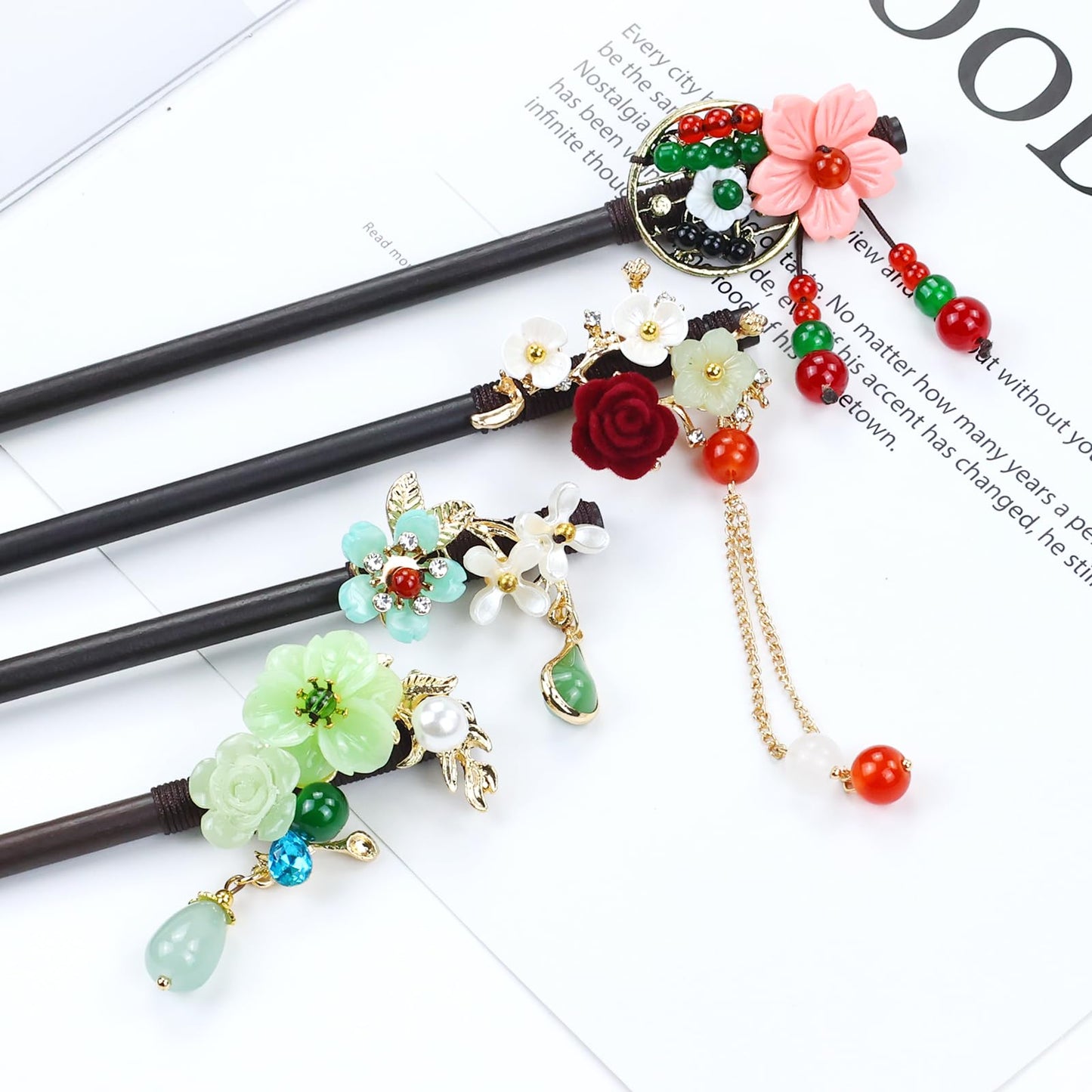 inSowni 8 Pieces Retro Asian Chinese Traditional Hanfu Flower Butterfly Wooden Hair Sticks Pins with Bead Pendants Hair Forks Chopsticks Bun Updo Holders for Women Girls