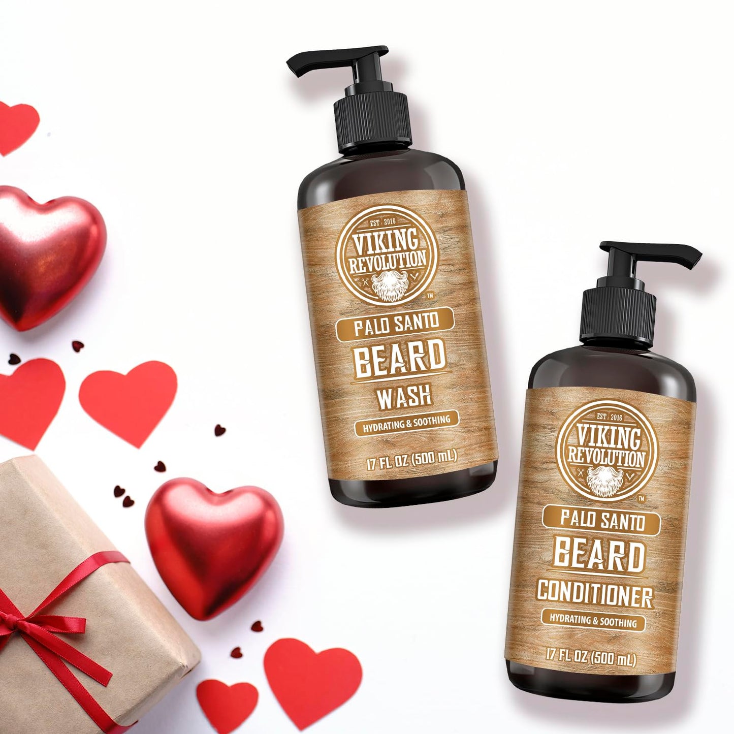 Viking Revolution Palo Santo Beard Wash and Beard Conditioner Set with Argan and Jojoba Oils - Softens and Strengthens - Natural Palo Santo Scent - Beard Shampoo with Ginseng Root Extract (17 oz)