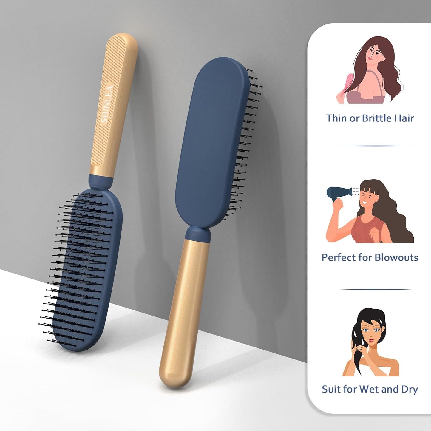 SHINLEA Slim Hair Brush - Soft Double Nylon Bristles for Deep Detangling & Massage | Luxury Gold Handle