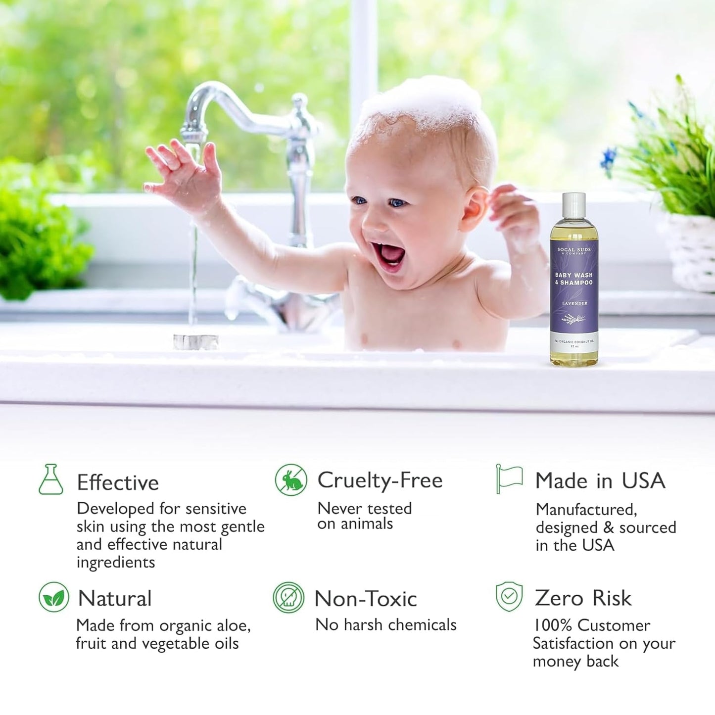 SoCal Suds & Company Organic Baby Shampoo | 2-in-1 Hypoallergenic Body Wash for Sensitive Skin - 12oz Lavender