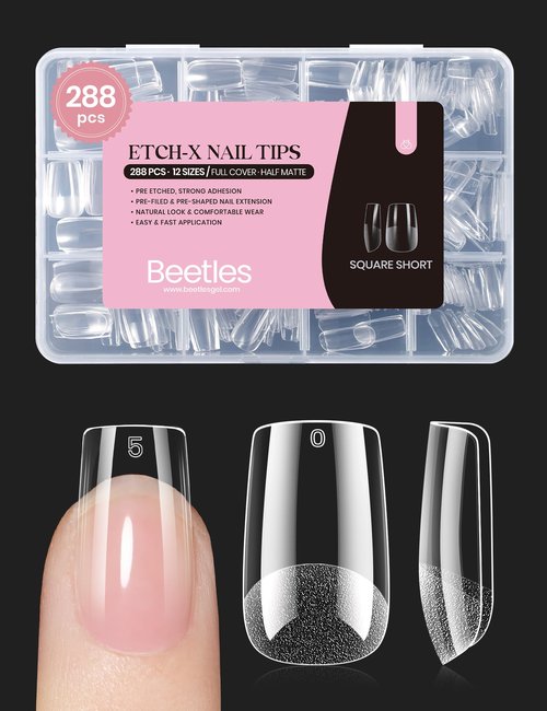 Beetles Gel Nail Tips Etch-X, Square Short, 288Pcs 12 Sizes, Pre-Etched Half Matte Full Cover Soft Acrylic Press on False Nail Tips Easy DIY Glue On Nail Extension Salon Gift for Women Girls