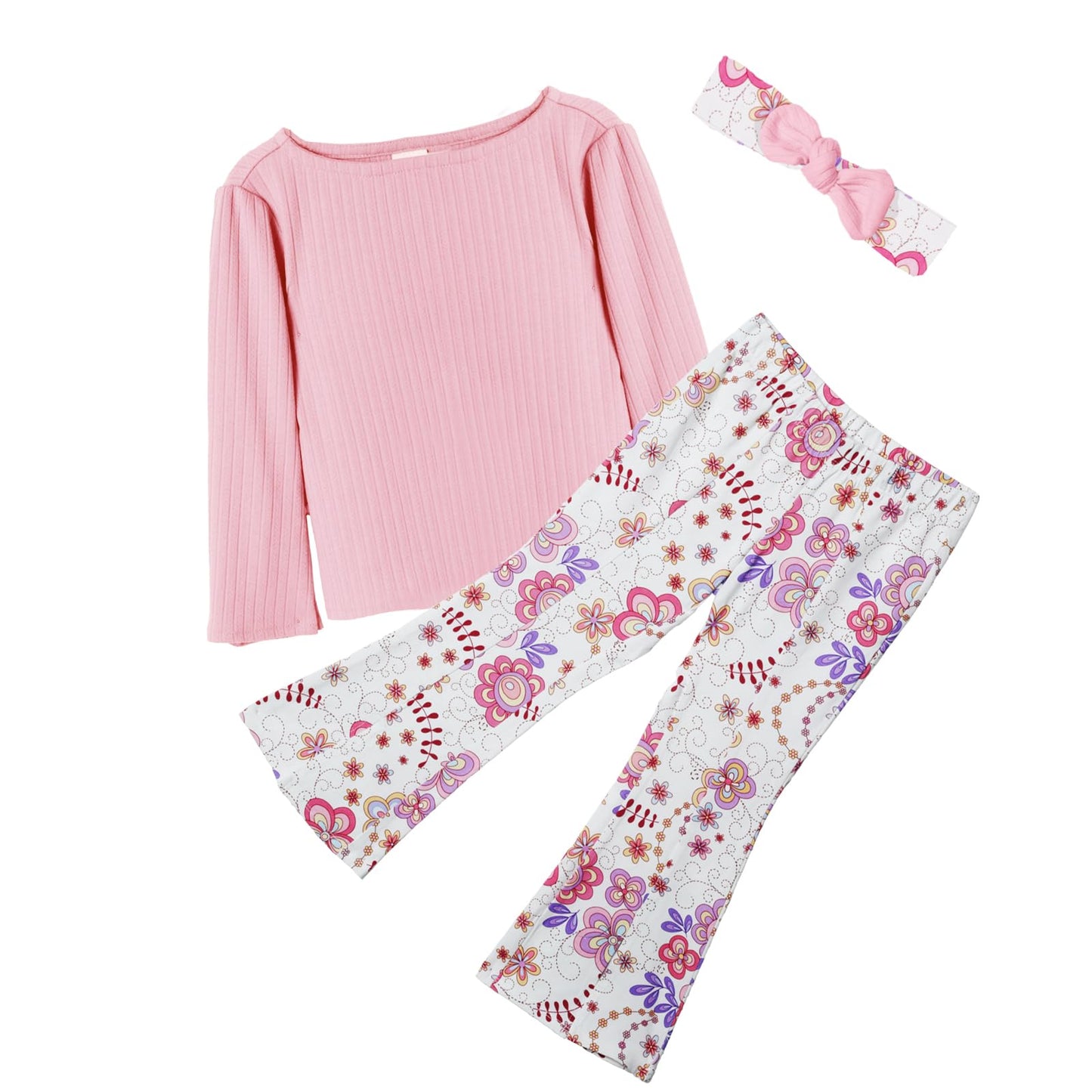 Sosomi Toddler Girl Clothes Set 3T Baby Fall Outfits Cute Pink Shirt Top + Leggings Flare Pants Fashion Floral leggings Kids Costume Winter Little Girls Long Sleeve Clothing Sets T shirts Headband