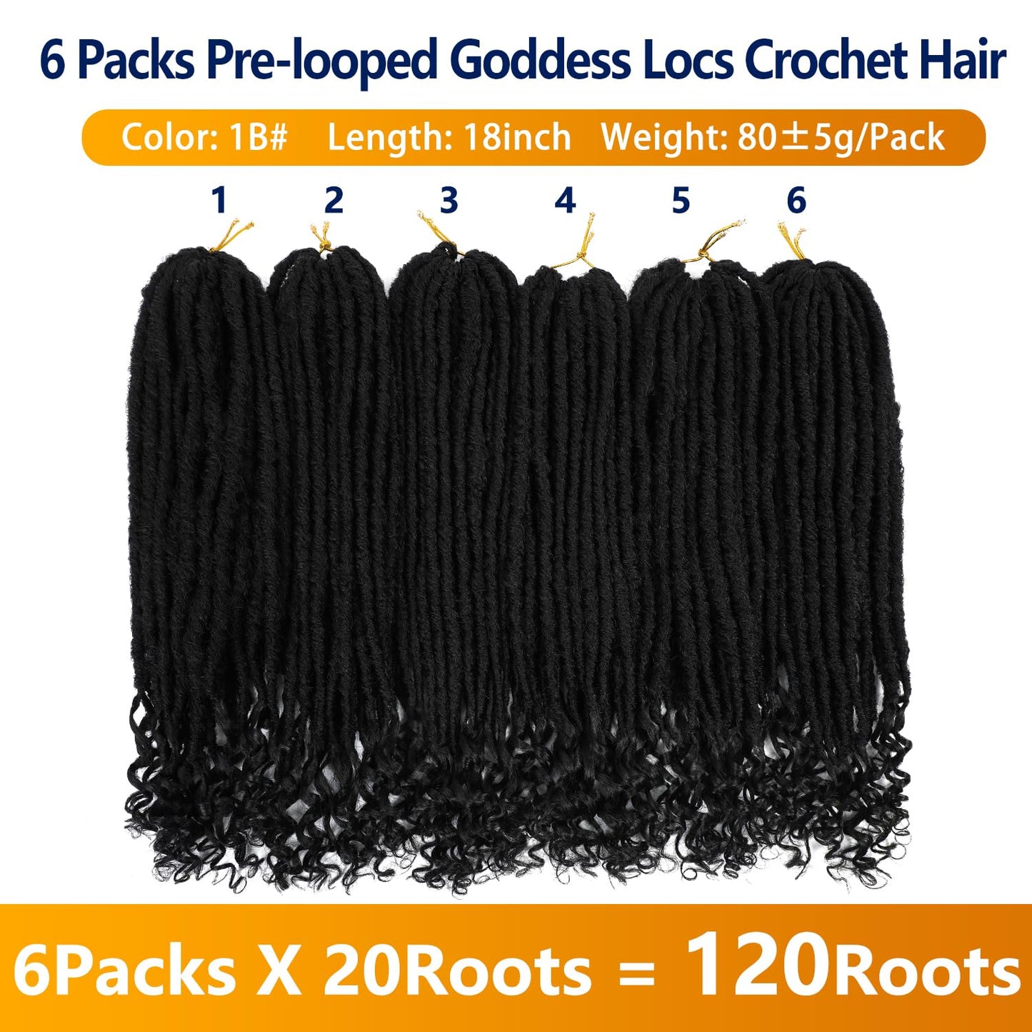 Goddess Locs Crochet Hair 6 Packs 18 Inch Straight Faux Locs Crochet Hair for Black Women, Crochet Pre-Looped Curly Hair Soft Faux Locs Synthetic Braiding Hair Extensions (18 Inch, 6 Packs, 1B#)