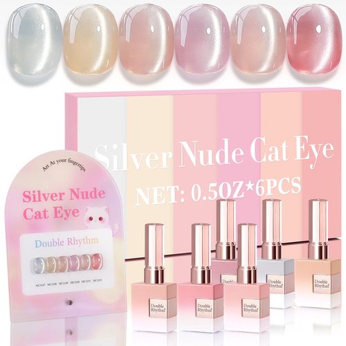 Double Rhythm Cat Eye Gel Nail Polish Set - 6 Colors, Holographic Glitter, 0.5 Oz | Magnetic UV Polish Kit