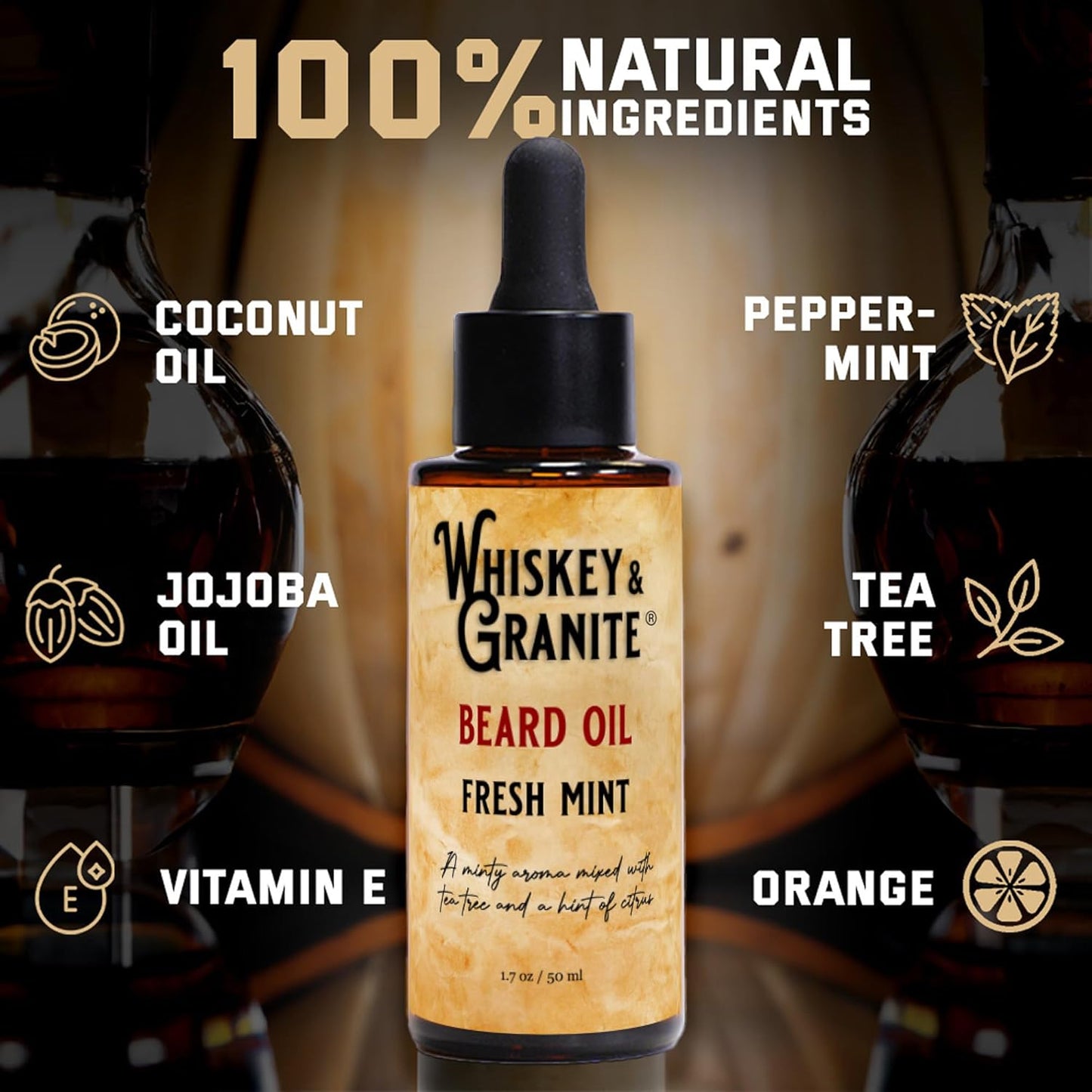 Whiskey & Granite Beard Oil - 100% Natural Beard Conditioner with Fresh Mint - 1.7 oz
