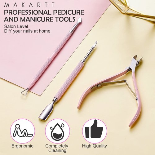 Makartt Cuticle Trimmer with Cuticle Pusher, 3 PCS Pink Nail Cuticle Nipper Professional Pedicure Manicure Tools with Stainless Steel Dual End Pusher, Nail Scraper