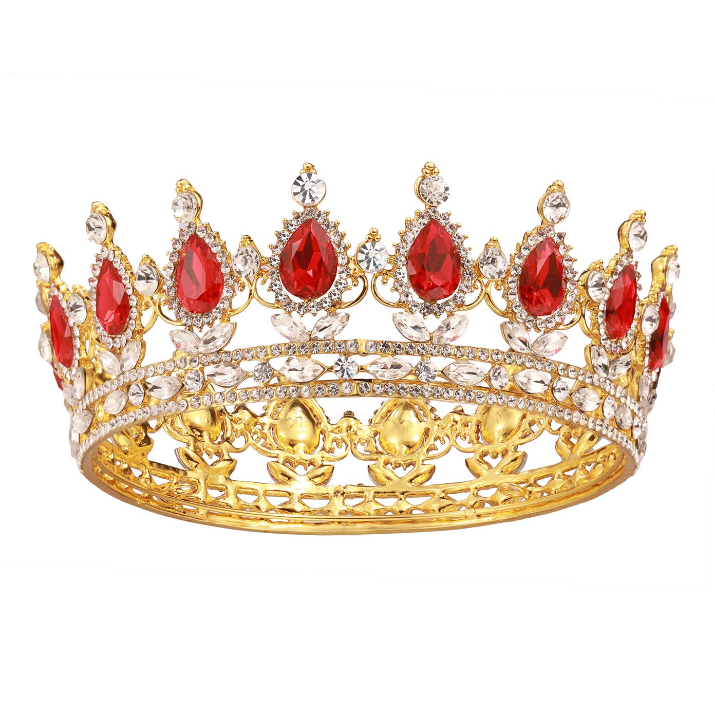 SWEETV Crystal Queen Crown for Women, Rhinestone Wedding Tiara Headband, Full Round Princess Crown Hair Accessories for Prom Birthday Costume Party,Red+Gold