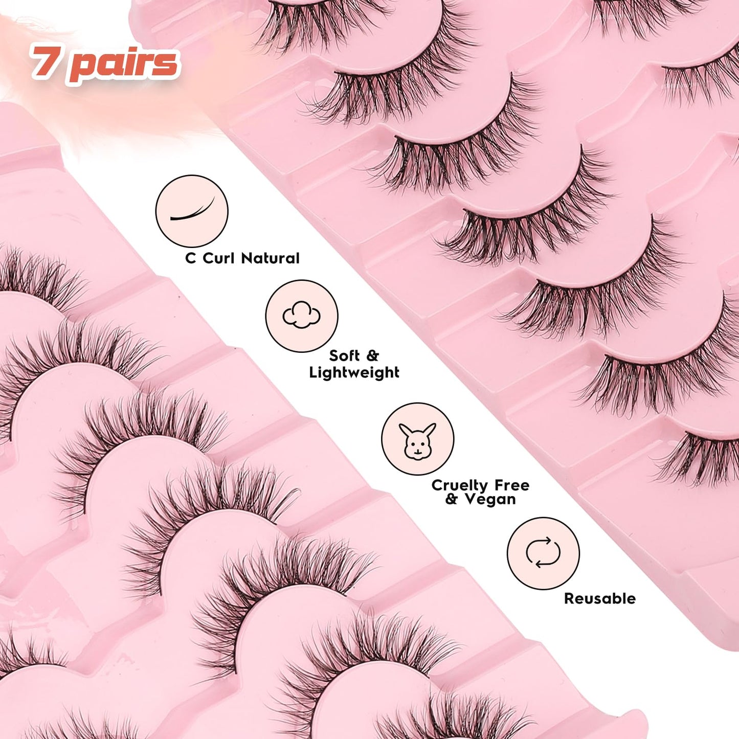 Eyelashes Natural Cat Eye Lashes 15mm Wispy Eyelashes Flared Fluffy Strip Lashes 0.1MM Thin Band False Eyelashes C Curl Lashes Siligli Eye Lashes Pack 7 Pair