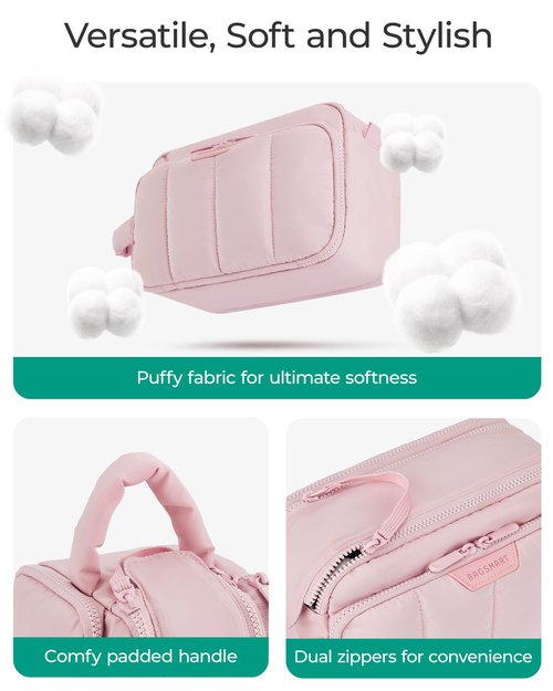 BAGSMART Travel Makeup Bag Organizer, Puffy Make Up Bag, Cosmetic Organizer Case for Travel Essentials Toiletries Accessories Bottles, Brushes (Pink)