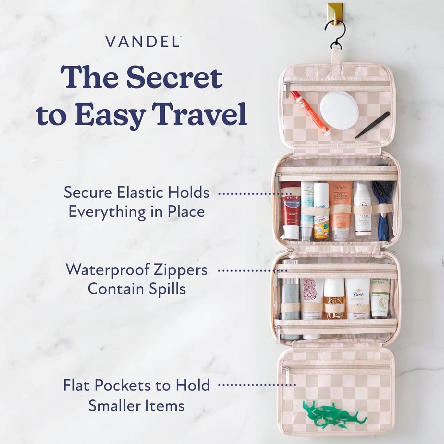 VANDEL Waterproof Hanging Toiletry Bag - TSA-Approved Makeup Organizer for Travel | Neutral Checker Design