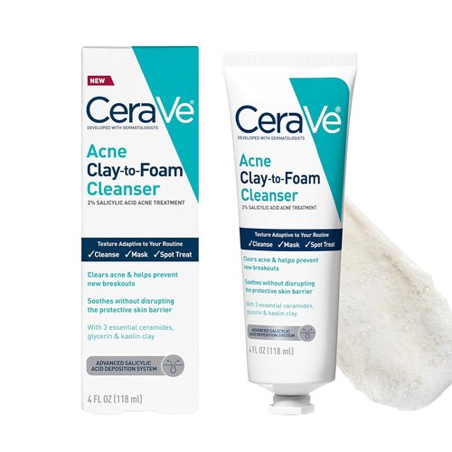 CeraVe Acne Face Wash - Multi-Use Salicylic Acid & Kaolin Clay Treatment | 4oz, Fragrance-Free, Non-Comedogenic