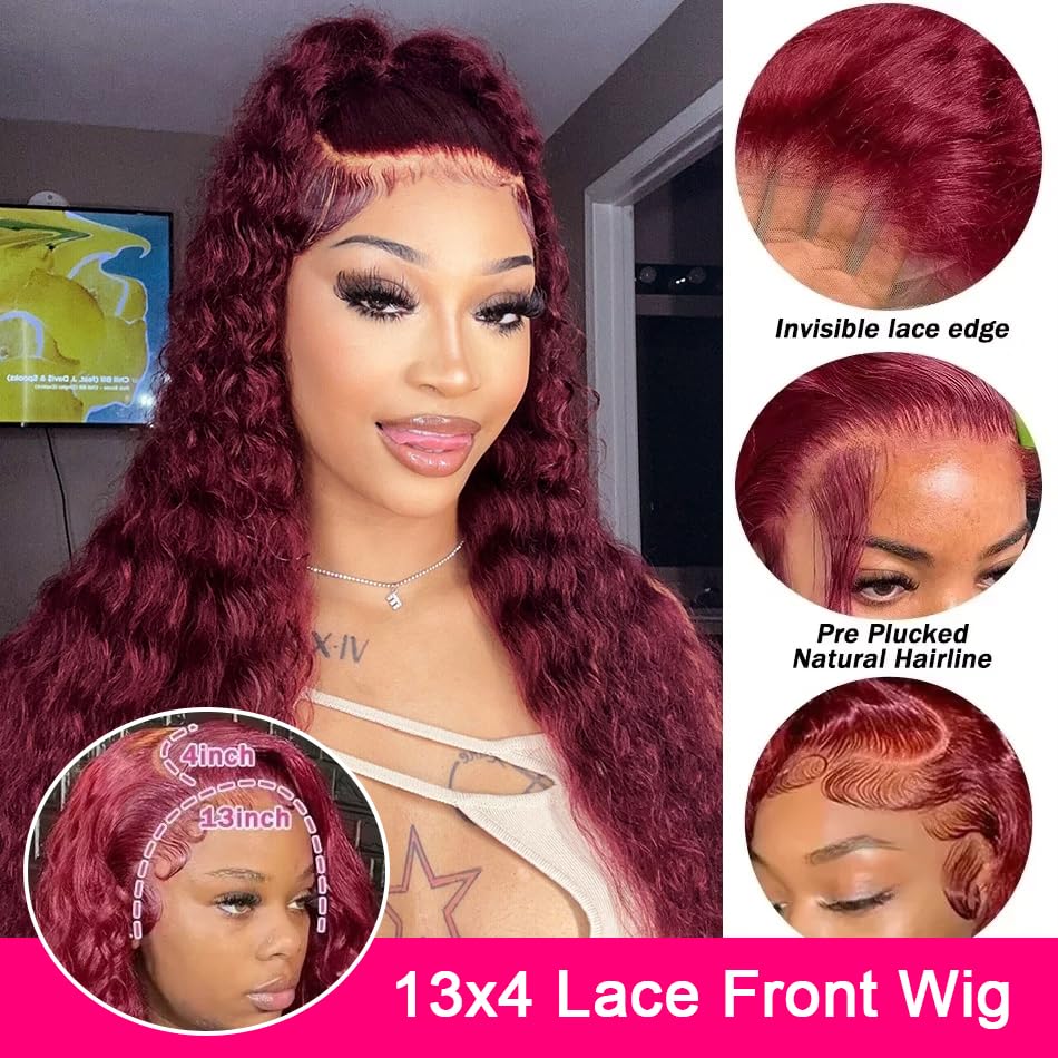 Skiennix 24-Inch 99J Burgundy Deep Wave Wig - HD Transparent Lace Front, 180 Density, Pre-Plucked