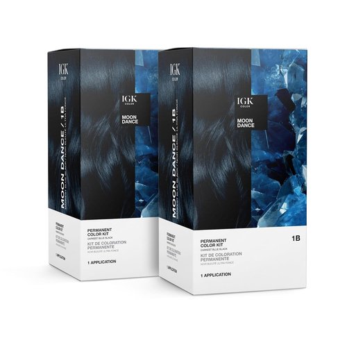 IGK Permanent Hair Dye Color Kit - 1B Moon Dance Darkest Blue Black | 100% Gray Coverage & Shine